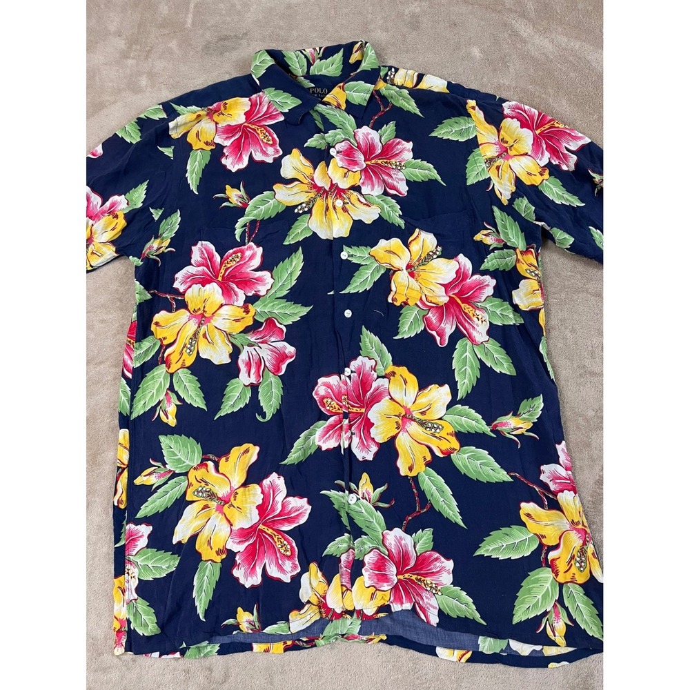 Polo Ralph Lauren Floral AOP Print Hawaiian Shirt Men LT TALL Blue Viscose S/S